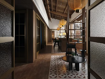 Traditional Chinese Style Café Interior With Wooden Furniture Lanterns And Patterned Carpet 3d model