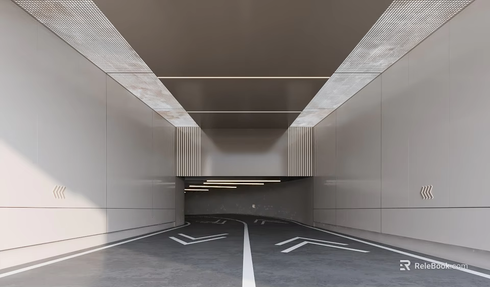 Modern Garage Interior With Gray Walls Grille Ceiling Lighting And Floor Arrows 3d model 