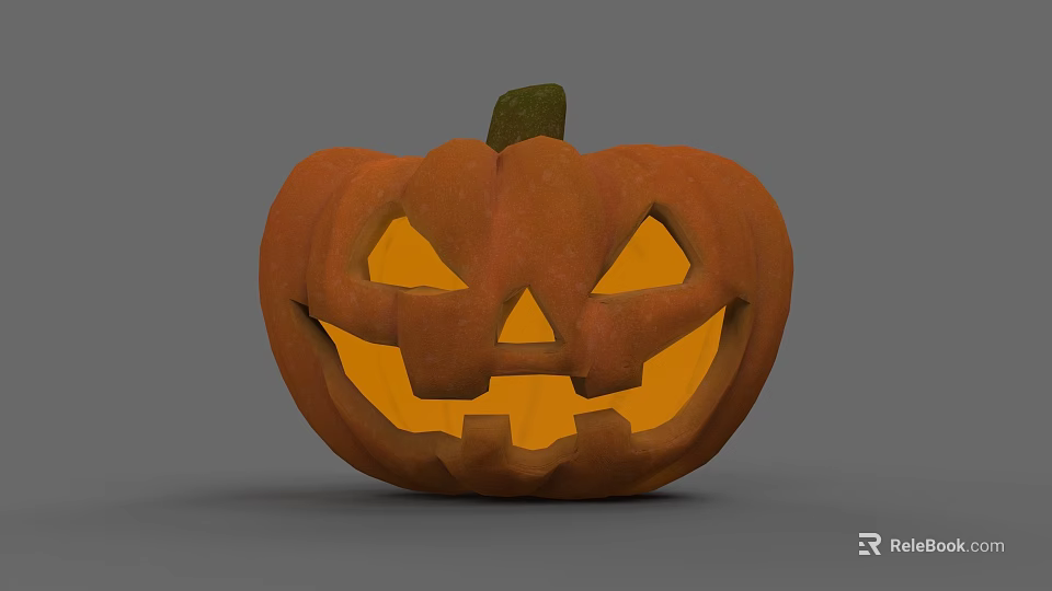 Orange Carved Jack O Lantern With Smiling Face Triangular Eyes Green Stem On Gray Background 3d model 