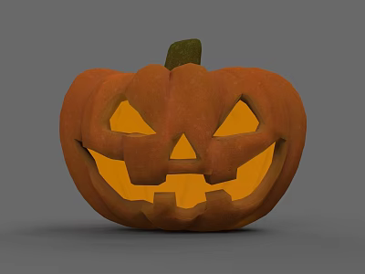 Orange Carved Jack O Lantern With Smiling Face Triangular Eyes Green Stem On Gray Background 3d model