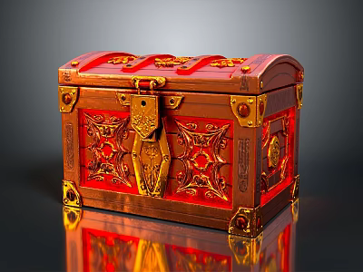 Ornate Red And Gold Treasure Chest With Carved Decorations And Metal Lock 3d model