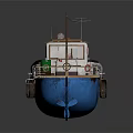 Blue And White Wooden Boat With Small Cabin Red Green Boxes And Antenna On Deck