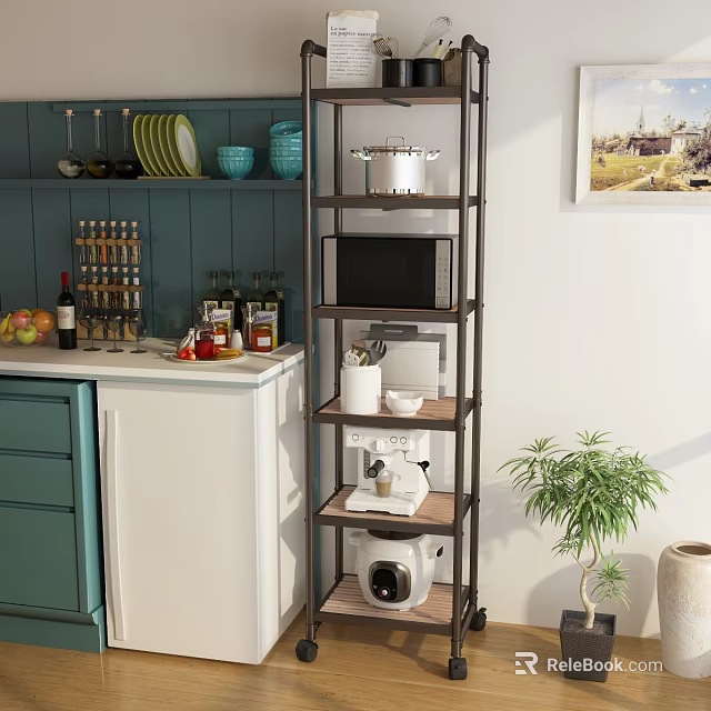 Kitchen Storage Shelf Holding Microwave Coffee Maker And Dishes In Modern Kitchen With Green Cabinets 3d model 