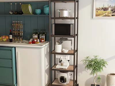 Kitchen Storage Shelf Holding Microwave Coffee Maker And Dishes In Modern Kitchen With Green Cabinets 3d model