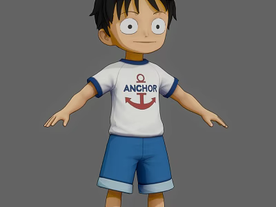 Anime Boy Character With Black Hair Big Eyes White Anchor T Shirt And Blue Shorts 3d model