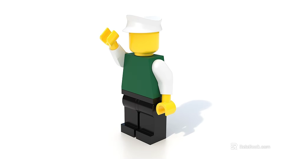 Lego Minifigure With White Hat Green Vest And Waving Hand In Black Pants 3d model 