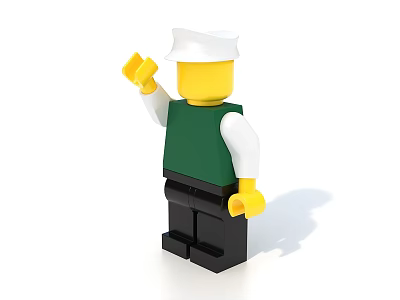 Lego Minifigure With White Hat Green Vest And Waving Hand In Black Pants 3d model