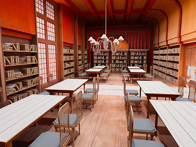 Traditional Library Interior Featuring Wooden Bookshelves Long Tables Chairs And Chandelier 3d model