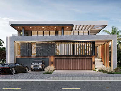 Elegant Modern Detached Villa Exterior With Glass Windows Wooden Garage And Palm Trees 3d model