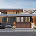 Elegant Modern Detached Villa Exterior With Glass Windows Wooden Garage And Palm Trees