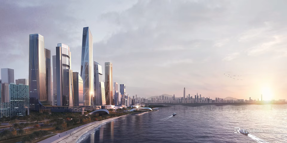 Modern Waterfront Office Buildings With Skyscrapers City Skyline And Seaside Mountain View 3d model 