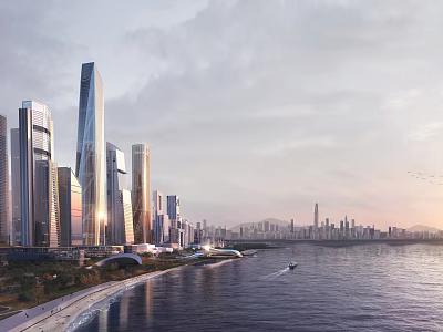 Modern Waterfront Office Buildings With Skyscrapers City Skyline And Seaside Mountain View 3d model