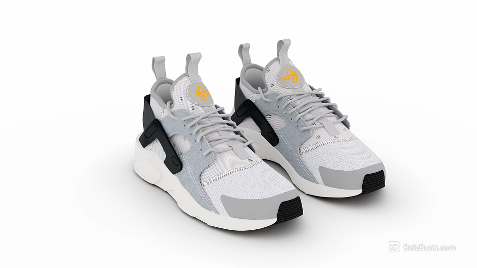 Modern Stylish Sports Shoes With Gray White Mesh Upper Black Accents And Yellow Logo Design 3d model 