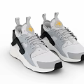 Modern Stylish Sports Shoes With Gray White Mesh Upper Black Accents And Yellow Logo Design