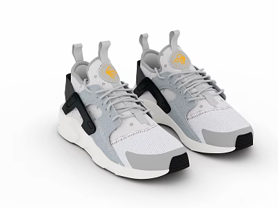 Modern Stylish Sports Shoes With Gray White Mesh Upper Black Accents And Yellow Logo Design 3d model