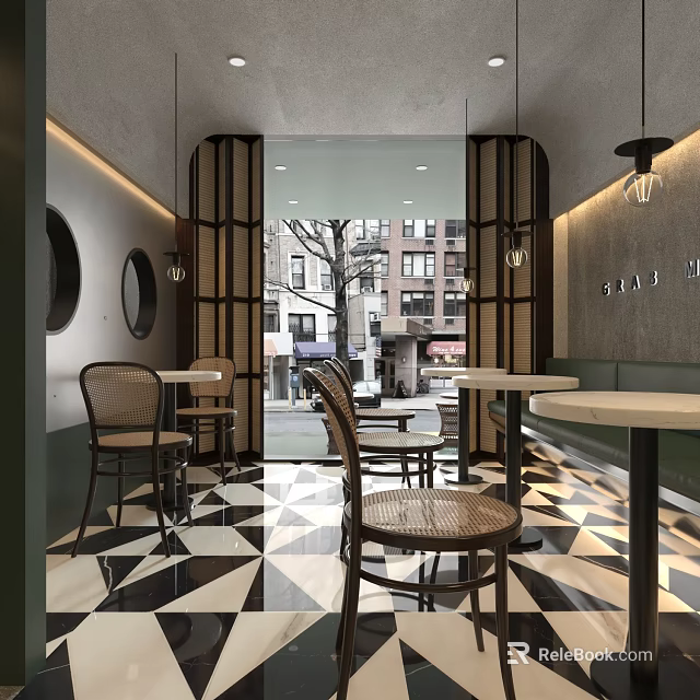 Café Interior With Rattan Chairs Black And White Geometric Floor And Pendant Lights 3d model 