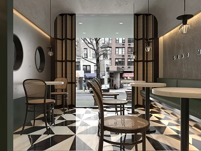Café Interior With Rattan Chairs Black And White Geometric Floor And Pendant Lights 3d model