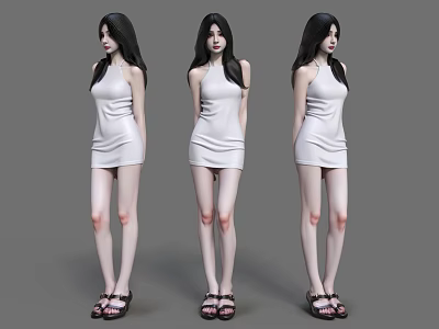 Three Women In White Dresses And Sandals Displayed From Different Angles 3d model