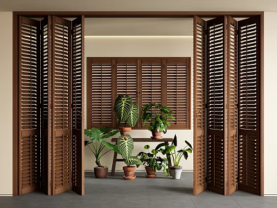 The ancient folding door shutter folding door multi-link sliding door shutter door potted plant combination 3d model