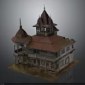 Vintage Architecture Model Featuring Red Roof Spire Tower And Wooden Balcony Design