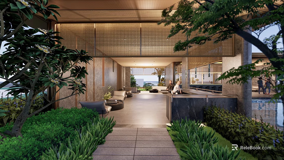 Modern Outdoor Pergola Design With Lush Greenery Seating Stone Pathway And Natural Views 3d model 