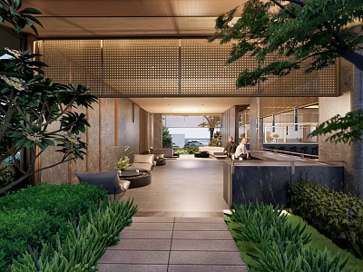 Modern Outdoor Pergola Design With Lush Greenery Seating Stone Pathway And Natural Views 3d model