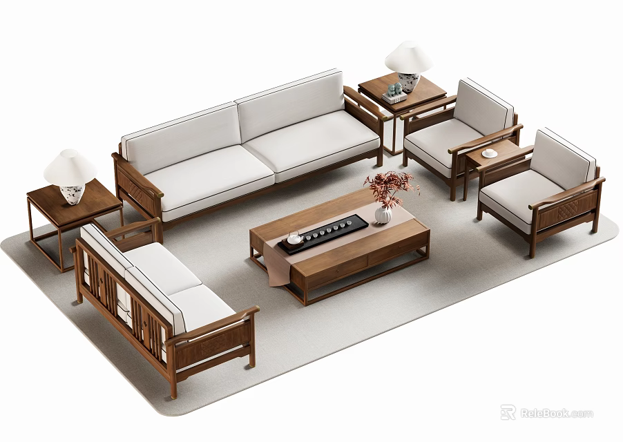 Modern Sofa and Coffee Table Set with Wooden Frame Light Cushions Side Tables and Table Lamps 3d model 