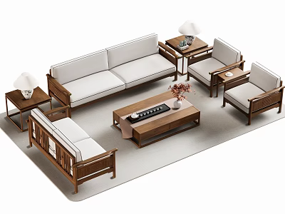 Modern Sofa and Coffee Table Set with Wooden Frame Light Cushions Side Tables and Table Lamps 3d model