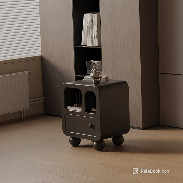 Modern Dark Bedside Table With Drawer Wheels And Decorative Items In Bedroom 3d model