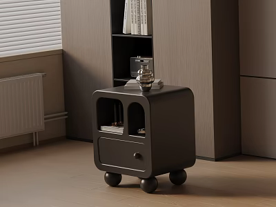 Modern Dark Bedside Table With Drawer Wheels And Decorative Items In Bedroom 3d model
