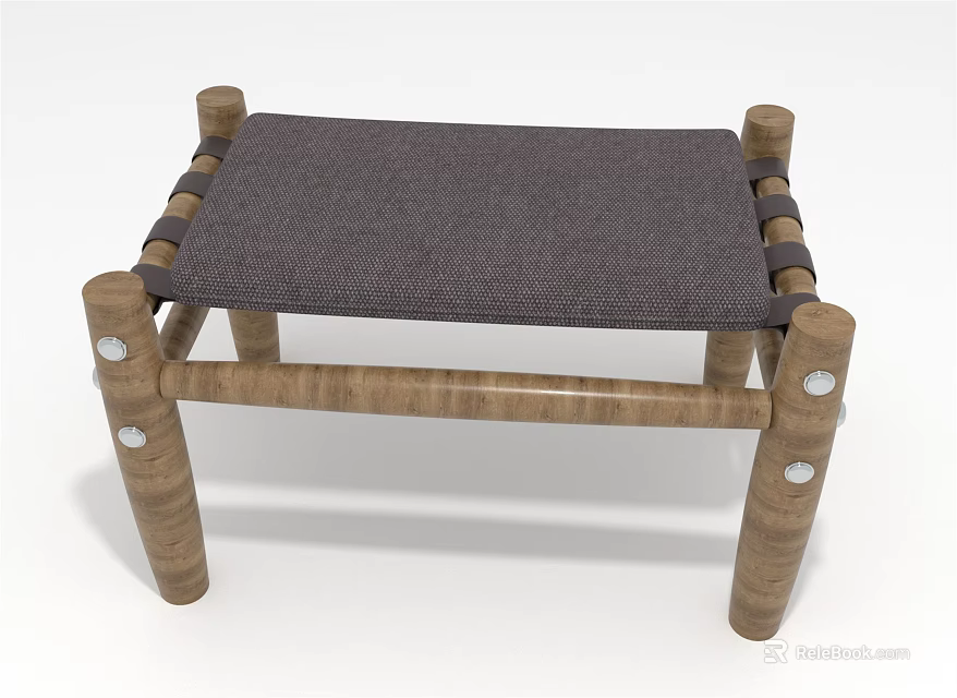 Wooden Stool With Cylindrical Legs Gray Fabric Seat And Woven Details For Home Decor 3d model 