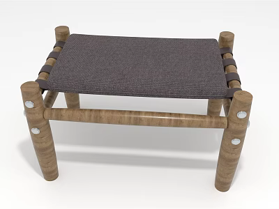 Wooden Stool With Cylindrical Legs Gray Fabric Seat And Woven Details For Home Decor 3d model
