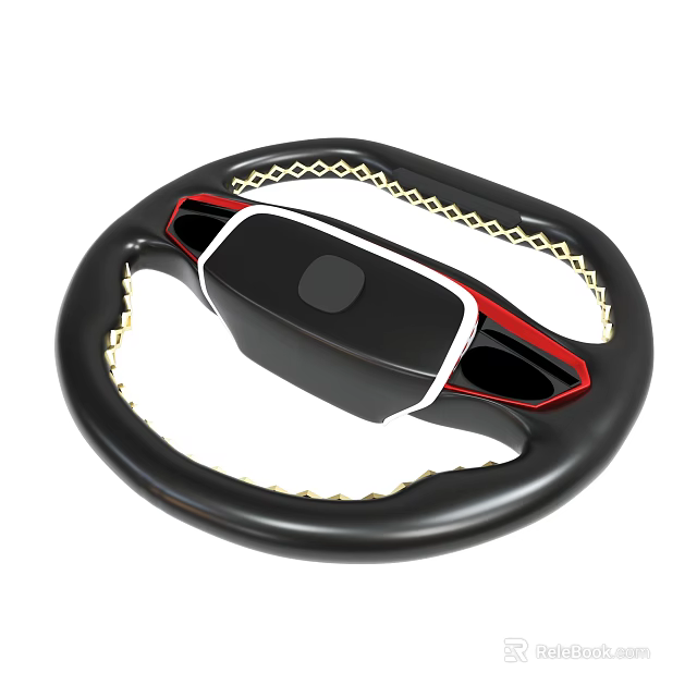 Black Steering Wheel With Red White Accents And Gold Stitching Design 3d model 