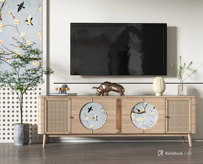 Stylish Wooden TV Cabinet With Circular Bird Flower Panels And Brass Bull Sculpture 3d model 