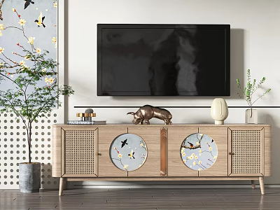 Stylish Wooden TV Cabinet With Circular Bird Flower Panels And Brass Bull Sculpture 3d model