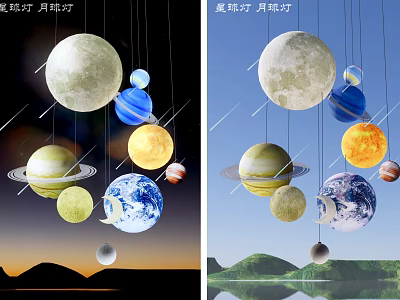 Decorative Planet and Moon Hanging Chandelier with Celestial Design Elements 3d model