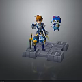 Orange Haired Character in Blue Armor Holding Swords with Blue Cat Creature on Stone Platform