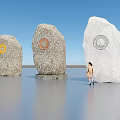 Three Stone Sculptures With Circular Carved Designs And People Beside Under Blue Sky
