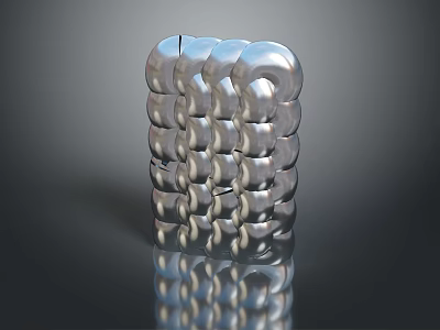 Metallic Cube Sculpture With Interlocking Rings Smooth Surface Reflection On Dark Background 3d model