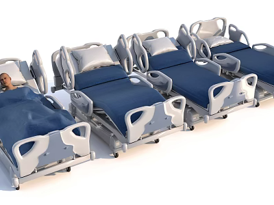 Row Of Medical Beds With Blue Mattresses White Frames And Wheels 3d model