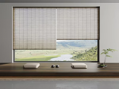 Natural Bamboo Roller Blinds in Room with Scenic Mountain River View and Cushions on Windowsill 3d model