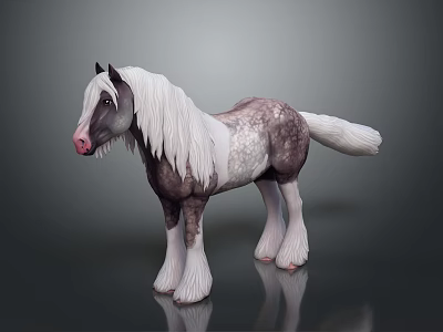 3D Rendered Standing Horse With Long White Mane Gray White Body And White Hooves 3d model