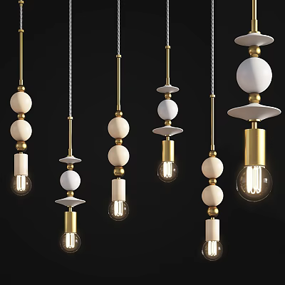 Modern Pendant Lights With Spherical Beads Wooden And Gold Accents For Interior Decoration 3d model