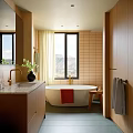 Modern Bathroom Interior Design With Wooden Cabinets Bathtub Large Window And Red Towel