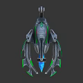 Futuristic Sci Fi Spaceship Model With Gray Green Blue Glowing Thrusters And Sleek Design