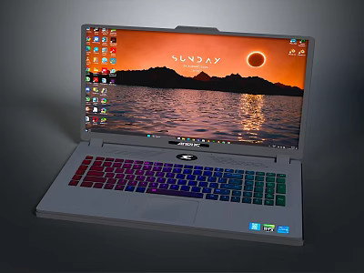 Modern Laptop With Colorful Backlit Keyboard Sunset Background Screen And Desktop Icons 3d model