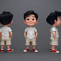 Animated 3D Game Character with Black Short Hair White T-Shirt Beige Shorts and Red Shoes