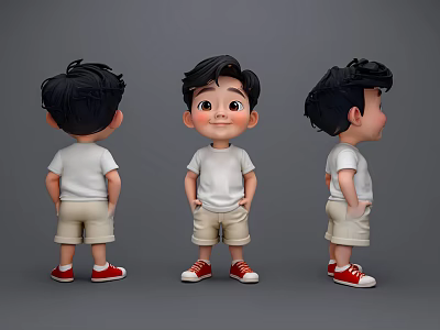 Animated 3D Game Character with Black Short Hair White T-Shirt Beige Shorts and Red Shoes 3d model