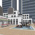 Vibrant Commercial Street With Modern Buildings Trees Pedestrians Shops And Outdoor Seating