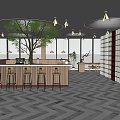 Modern Cafe Interior With Circular Ceiling Wooden Bar Counter Green Plants And High Stools